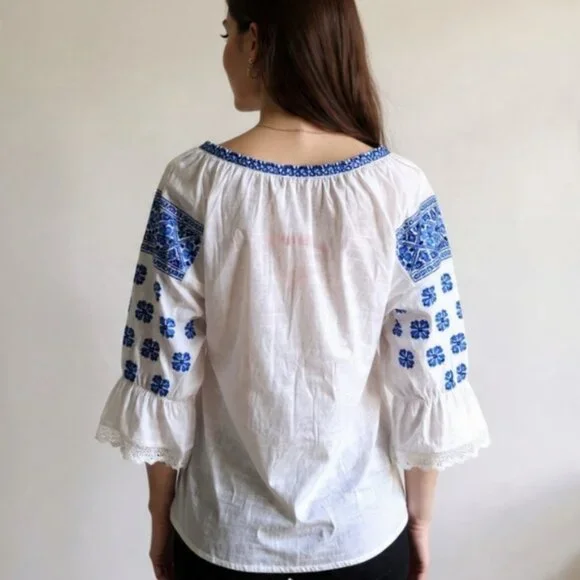 XL🌺Romanian Traditional White&Blue Handmade Embroidered Peasant Blouse Ie - Picture 4 of 10